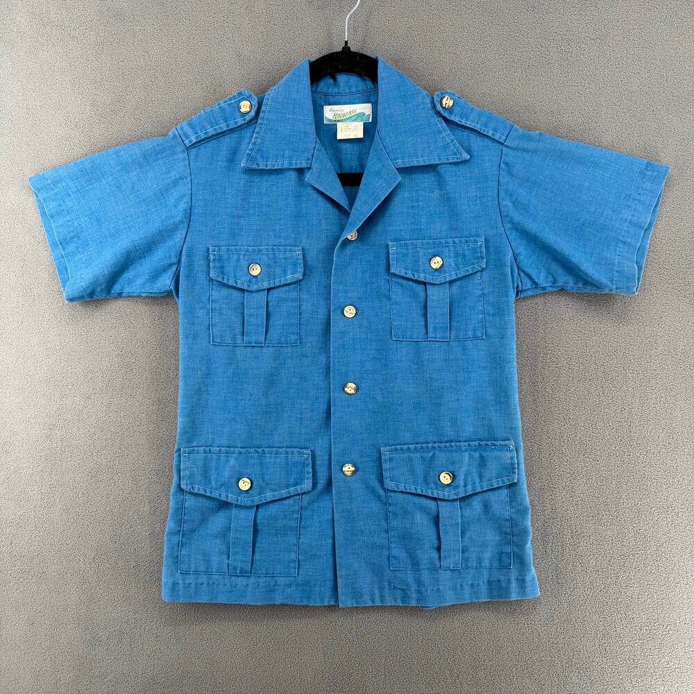 Vintage 60s Penneys Hawaii Camp Shirt Womens 16/S? Blue Lightweight Cotton Blend